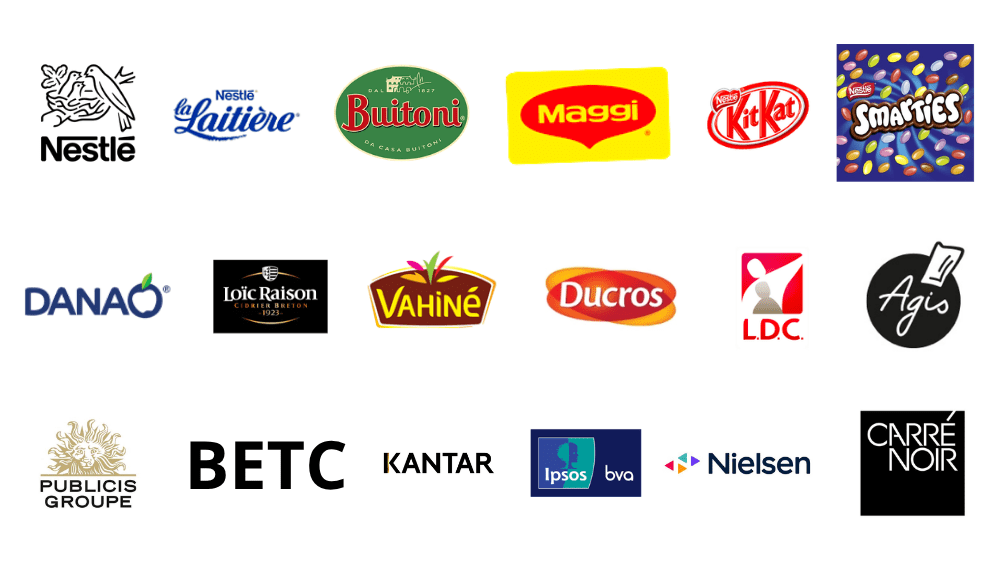 1 Logos des marques ligne 1 : Nestlé, La Laitière, Buitoni, Maggi, Kit Kat, Smarties ligne 2 : Danao, Loïc Raison, Vahiné, Ducros, LDC, Agis ligne 3 : Publicis, BETC, Kantar, Ipso, Nielsen, Carré Noir