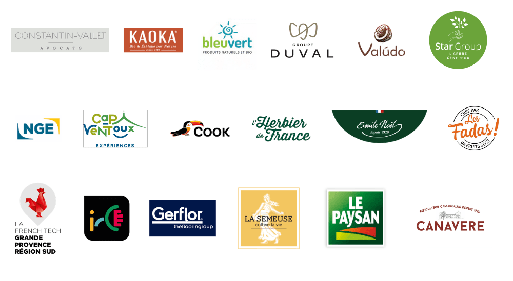 2 Logos des clients. ligne 1 : CCVA, Kaoka, Bleuvert, Groupe Duval, Valudo, Star Group ligne 2 : NGE, Cap Ventoux Expériences, Cook, Herbier de France, Emile Noël, Les Fadas de fruits secs ligne 3 : La French Tech Grande Provence, IRCE, Gerflor, La Semeuse, Le Paysan, Canavere